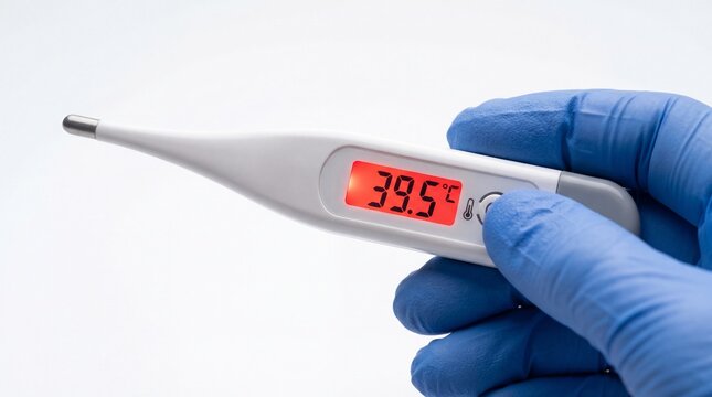Medical digital thermometer held by a doctor in blue gloves