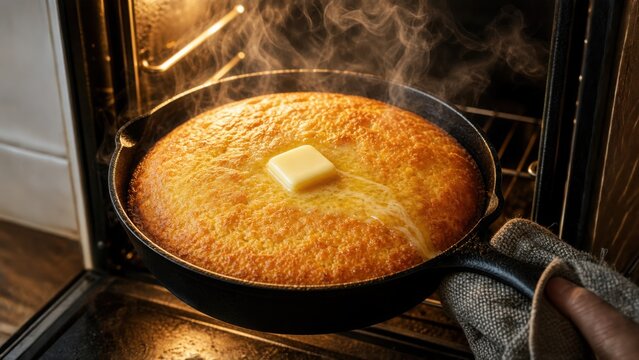 Freshly baked cornbread in a cast-iron skillet, steaming as it comes out of the oven with a pat of butter melting on top.