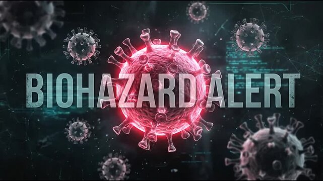 Biohazard alert text with red and grey virus cells.