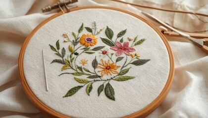 There is a close up of a embroidery on a piece of cloth