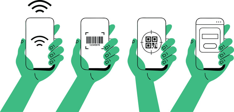 Digital payment process shown as sequence of smartphone actions and icons