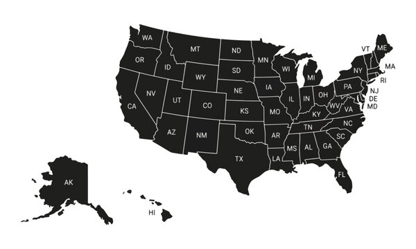 USA Map with State Abbreviations on White Background