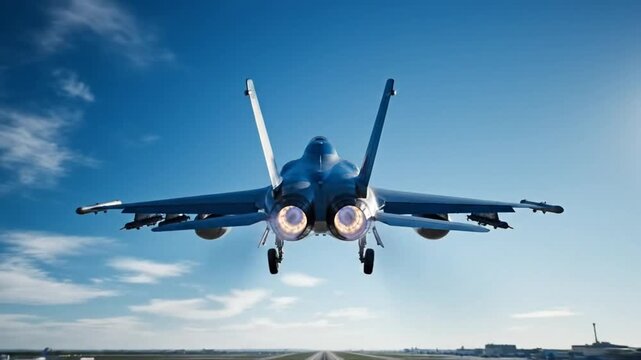 Epic rear view of a silver fighter jet accelerating on a runway and taking off against a beautiful blue sky