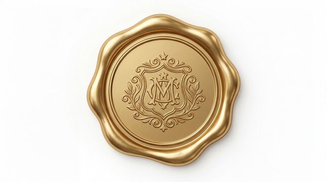 Shiny gold wax seal with laurel wreath emblem
