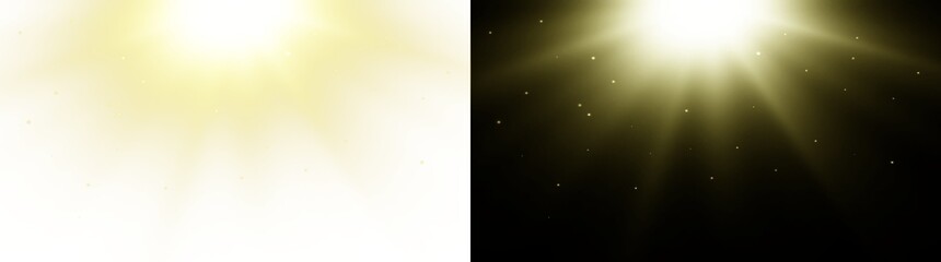 Vibrant yellow sun rays with sparkling highlights on split background. Bright glowing sunlight overlay with warm radiant beams and fantasy shine.  © Oleksandr