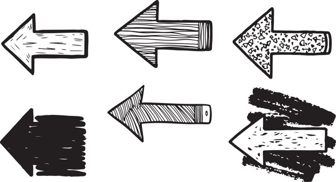 A specialized collection of black on white hand-drawn arrow elements featuring various textures, including wood-grain, stippling, and solid block-fill styles.