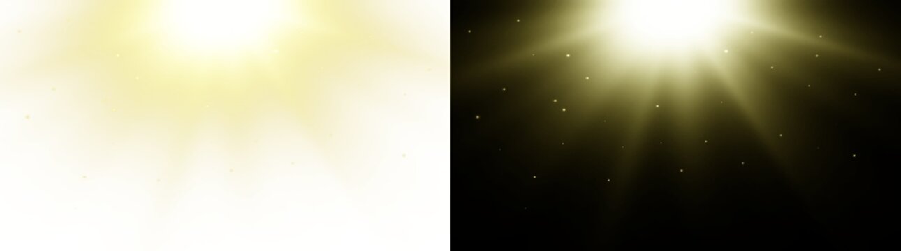 Vibrant yellow sun rays with sparkling highlights on split background. Bright glowing sunlight overlay with warm radiant beams and fantasy shine.
