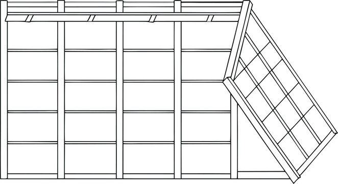 Technical blueprint style diagram of solar panel installation on rooftop, elevation view