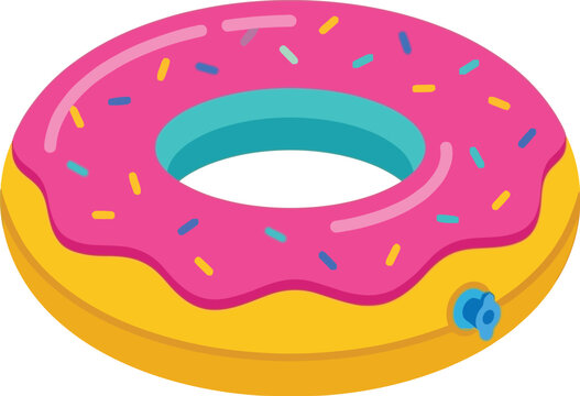Colorful inflatable pink frosted donut pool float ring with decorative sprinkles for fun summer beach party tropical vacation swimming pool relaxation water toys.