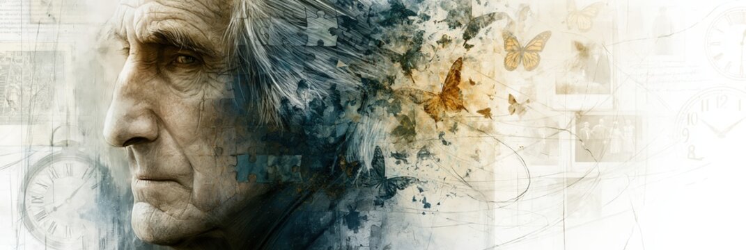 Elderly man's profile visualizing memory loss, dementia, and alzheimer's concept with dissolving mind and flying butterflies