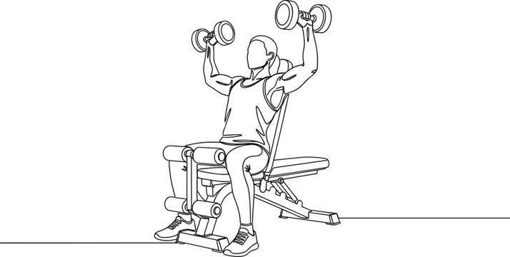 Clean shoulder press exercise vector showing powerful man lifting dumbbells while seated on adjustable fitness bench