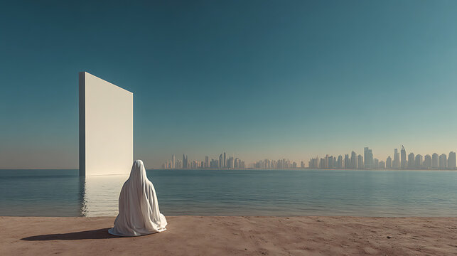 A solitary figure in white robes looking at a monolith in the sea