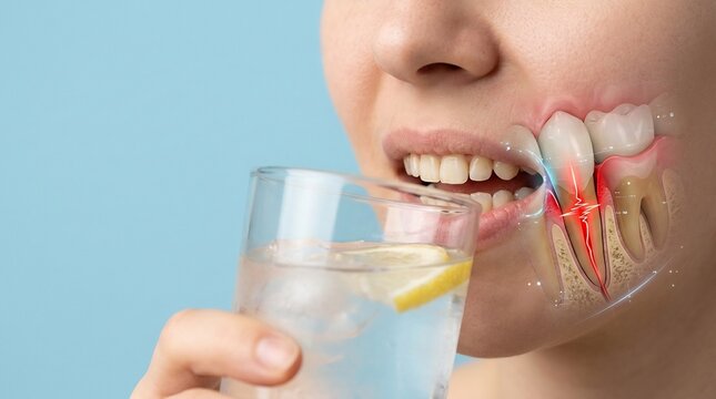 Close-up of a person drinking cold water with lemon featuring a 3D anatomical visualization of tooth sensitivity and dental nerve pain