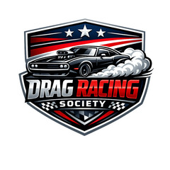 Fototapeta premium drag racing society, drag racing emblem, motorsport logo design, street racing badge, high performance racing, muscle car culture, aggressive automotive branding, drag strip racing, racing crew identi