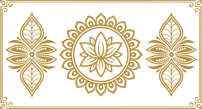 Intricate gold mandala and paisley patterns on cream background, set floral pattern