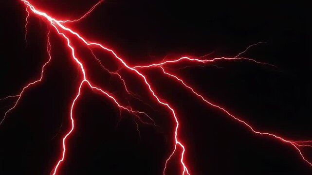 Red lightning strike flashing through dark sky creating intense electrical surge and powerful glowing plasma discharge in slow motion