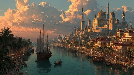 Naklejka premium Exotic Cityscape with Ships and Domes at Sunset.