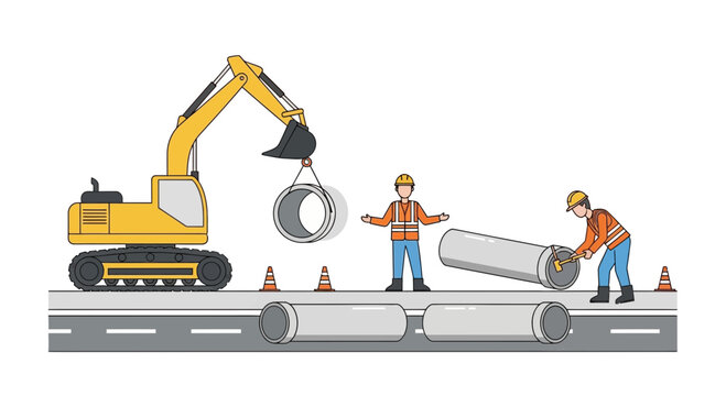 Construction workers and excavator installing concrete pipes on road