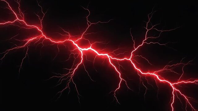 Red lightning strike branching across dark sky creating intense electrical surge motion in cinematic 4k high resolution video sequence