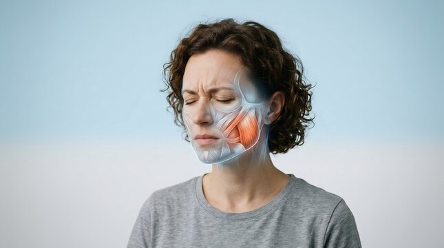 Adult woman experiencing jaw pain with a digital anatomical overlay showing inflamed facial muscles