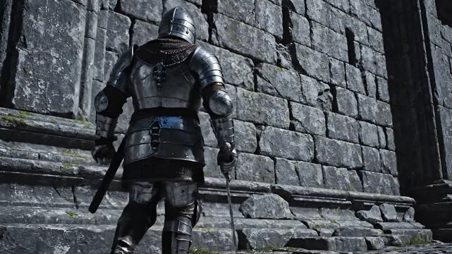 Medieval Knight in Full Armor Stands Guard Before Ancient Stone Wall.