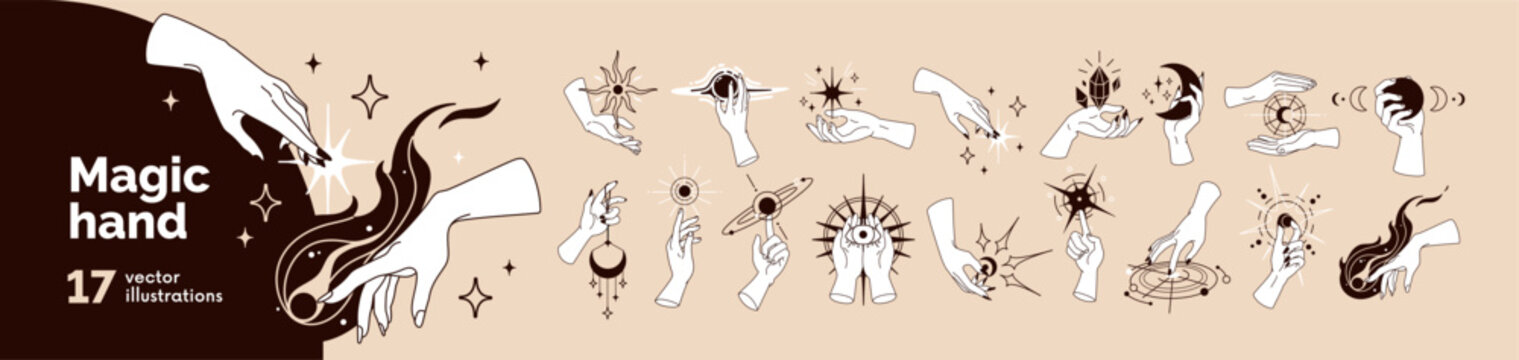 Magic spiritual symbols in witch hands set. Esoteric occult mysterious concept. Holding mystic moon, sun, star, psychic eye, sorcery diamond and witchcraft crystal. Hand-drawn vector illustrations