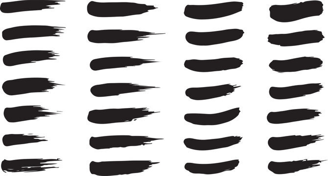 Black grunge brush strokes set. Distressed paint marker line smears isolated on white background