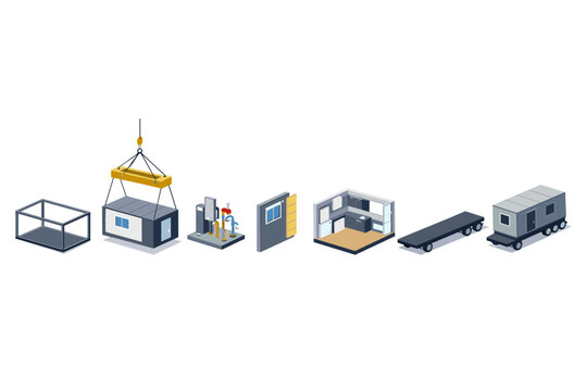 Modular construction process shown with isometric building components and transport