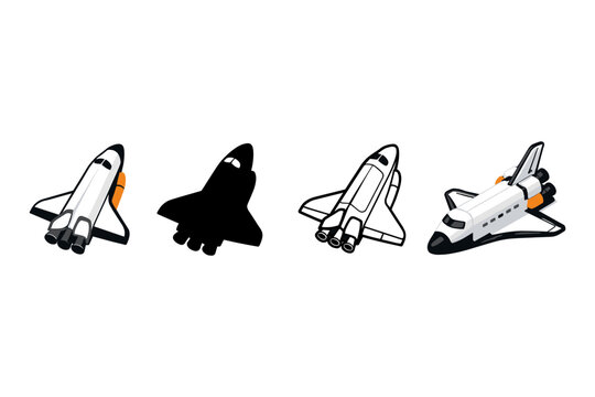 Collection of space shuttle illustrations in different styles on a white background