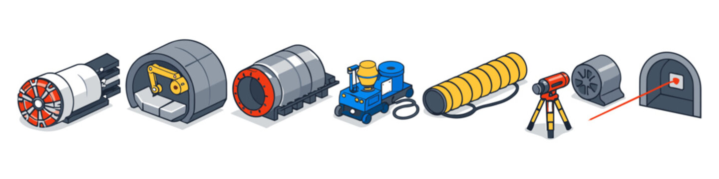 Tunnel boring machine and construction equipment isometric illustration