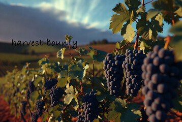 Obraz premium Ripe dark grapes hang on vines in a vineyard under a bright sky.