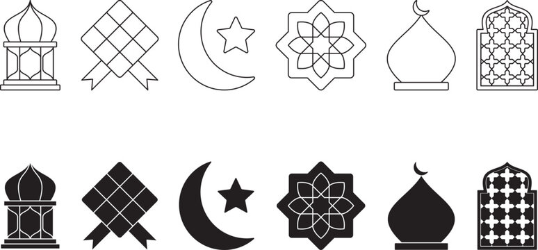 Islamic Ramadan Icons Vector Set with Crescent Moon Mosque Lantern and Arabic Patterns