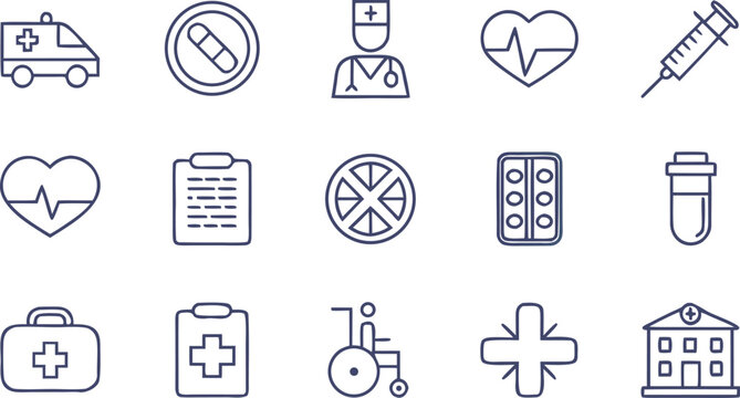 Minimalist healthcare and hospital symbols set, black and white medical doctor