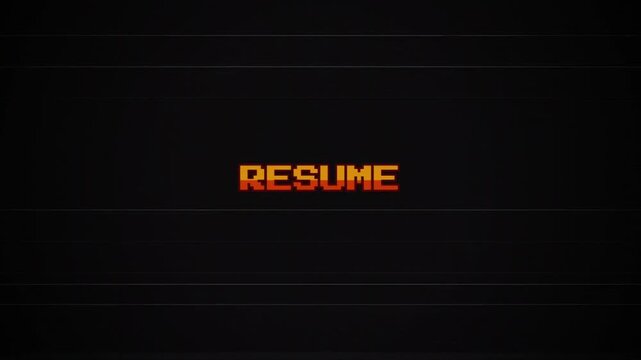 Retro 8-bit Resume Text Animation with Glitch Effect, Vintage Arcade Game Screen, CRT Scanline Overlay, VHS Interference, Pixel Art Motion Graphic, Old School Gaming 4k video