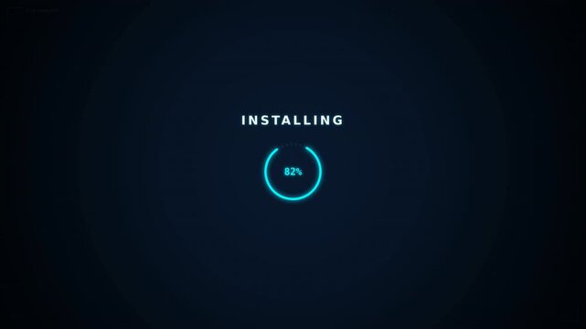 A digital loading screen displays an installation progress, with a sleek blue circle and modern font on a dark background