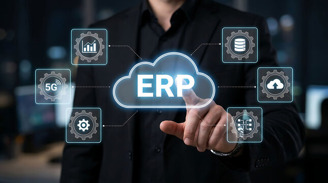 Businessman using ERP software system on laptop for business process management