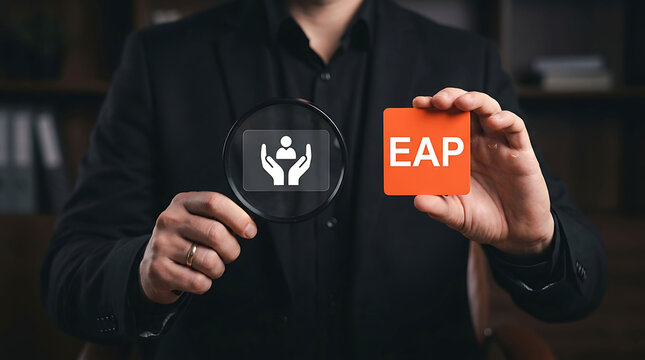 Employee assistance program concept with EAP sign and supportive hands icon