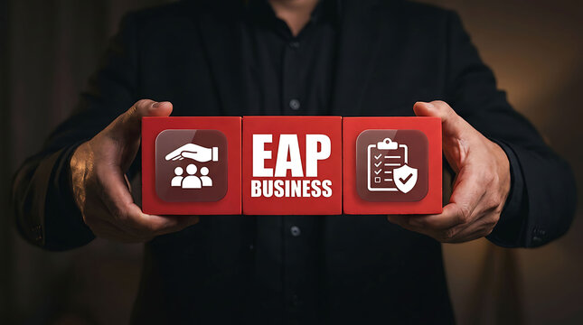 Man holding blocks with EAP Business text and corporate employee care icons