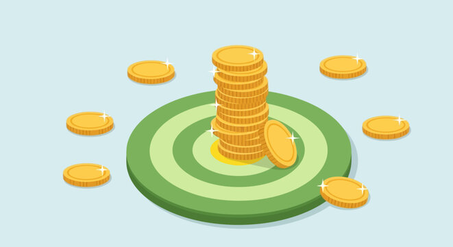 A stack of gold coins on a target, surrounded by scattered coins, symbolizing financial success and hitting financial goals