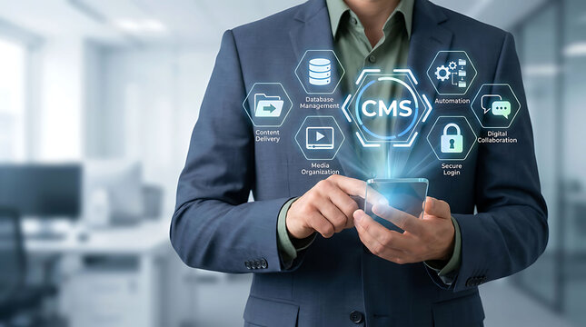 Content management system concept with business person using mobile phone