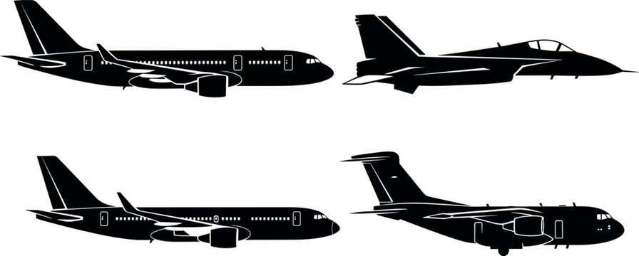 Military aircraft silhouette collection featuring fighter jets cargo airplanes and aviation transport vector illustration set