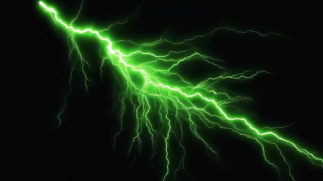 Green lightning strike branching across dark night sky creating intense glowing electrical plasma discharge in a cinematic 4k video
