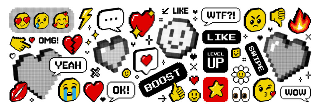 Pixel y2k 3d isometric emoji sticker set. Hearts happy sad crying love angry faces speech bubble fire kiss sparkle star etc. Social media and chat icons and elements. 8 bit retro game trendy style.