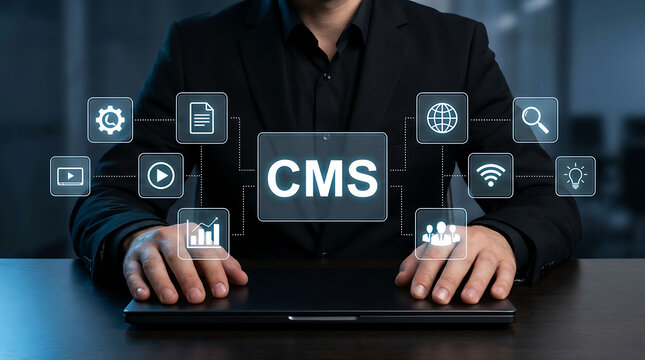 Business professional using laptop with digital CMS concept interface hologram