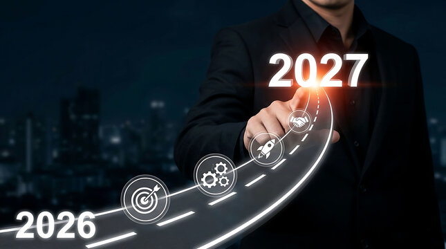 Business growth roadmap from 2026 to 2027 with corporate strategy icons