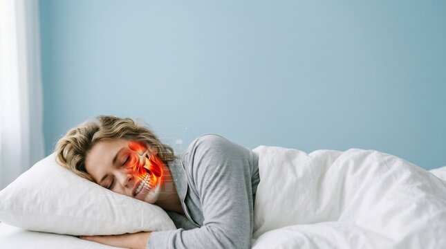 Woman sleeping on her side in bed with an anatomical red highlight showing jaw pain and TMJ disorder visualization
