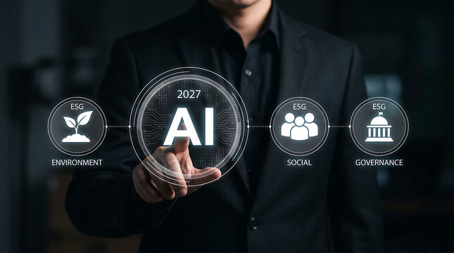 Business investor interacting with AI and ESG dashboard for sustainable future