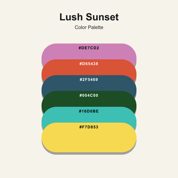 Lush Sunset modern color palette poster with stacked rounded capsule swatches in vibrant pink, orange, and blue tones. Features visible hex color codes and a clean layout for branding and web design.