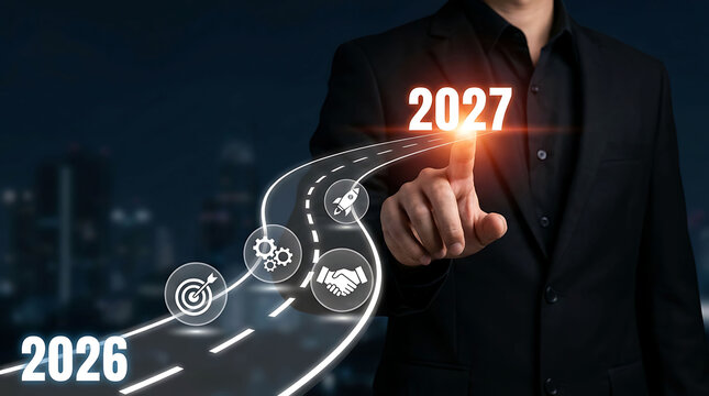 Business growth roadmap planning from year 2026 to 2027 concept with icons
