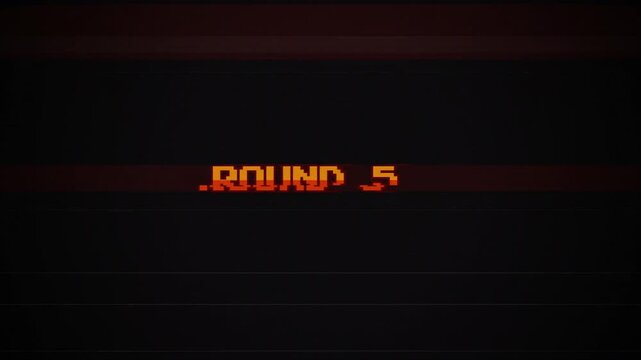 Round 5 Pixel Text Animation on Retro Glitch Background, 8-Bit Arcade Level Start, Vintage VHS CRT Monitor Effect, Old School Gaming Interface, Digital Distortion 4k video
